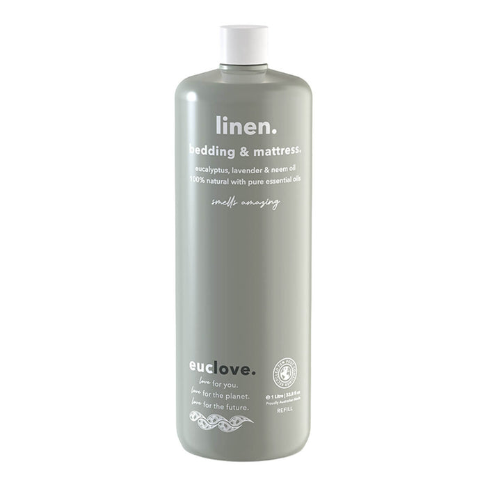 1L refill bottle Euclove Natural Linen & Bedding Spray with eucalyptus, lavender, and neem oil to protect against bed bugs, lice, and mites.