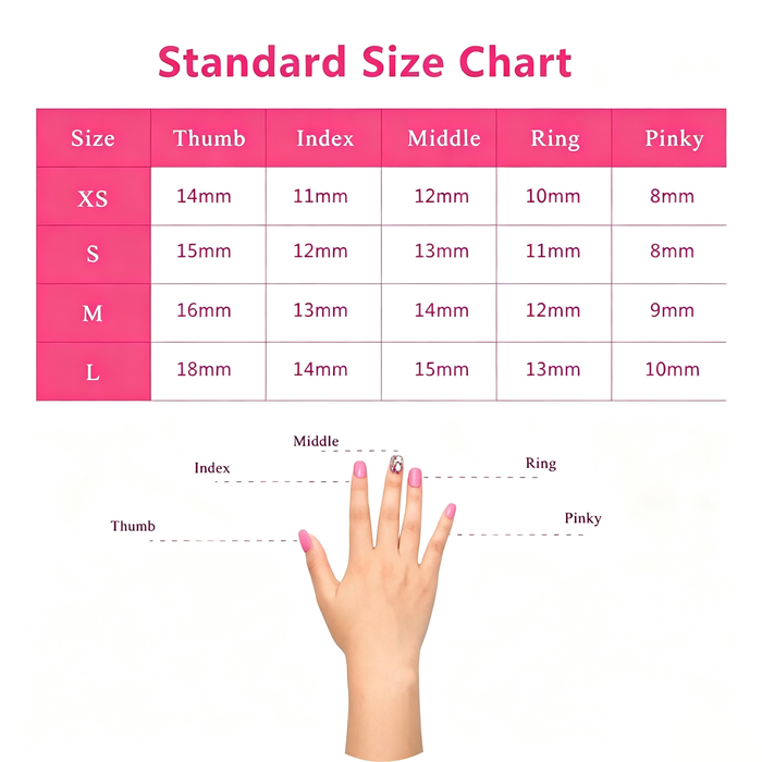 Press on nails standard size chart XS‑L measurement guide for false nail fitting