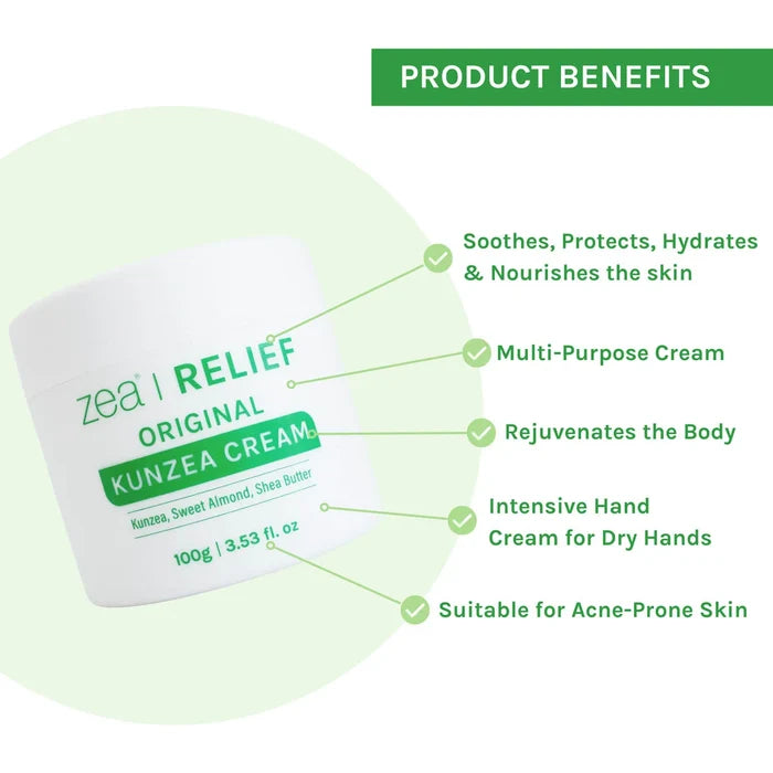 Kunzea cream packaging with product benefits listed on a green background. Multi-purpose healing skin balm suitable for sensitive skin types.