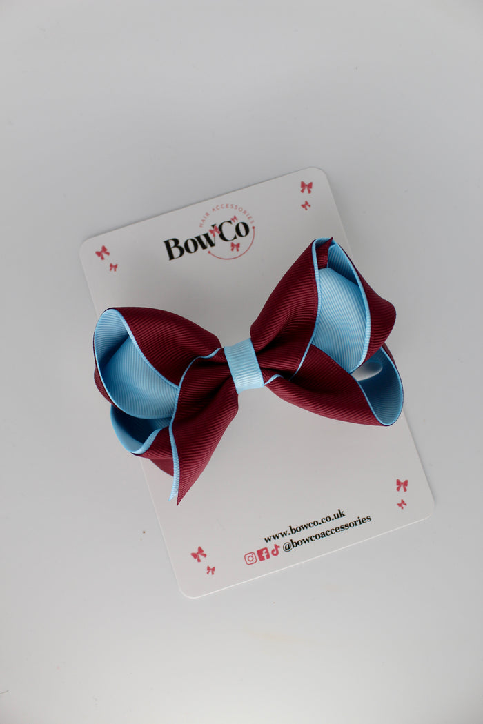 School Bow Burgundy and Blue Topaz - Loop Bow - Clip