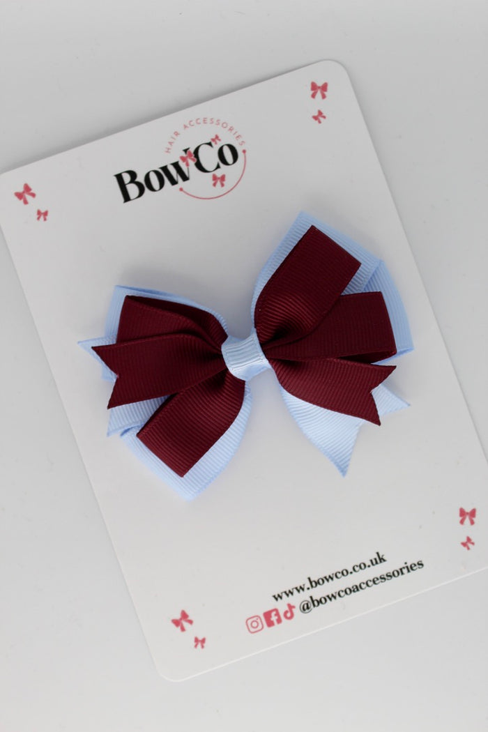 School Bow Burgundy and Bluebell - Double Tail Bow - Clip