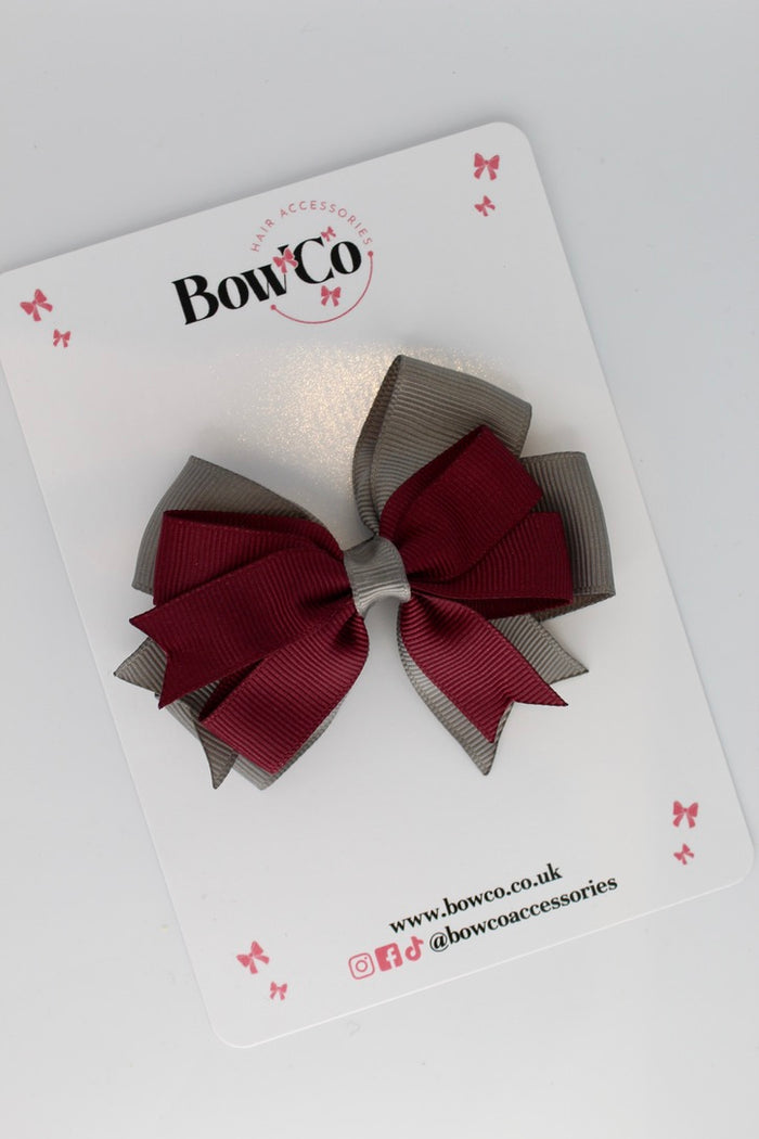 School Bow Burgundy and Metal Grey - Double Tail Bow - Clip