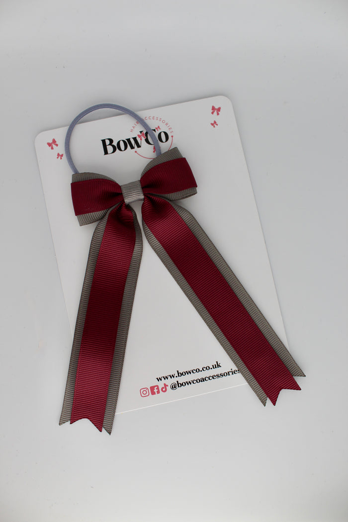 School Bow Burgundy and Metal Grey - Tuxedo Tails Bow - Elastic