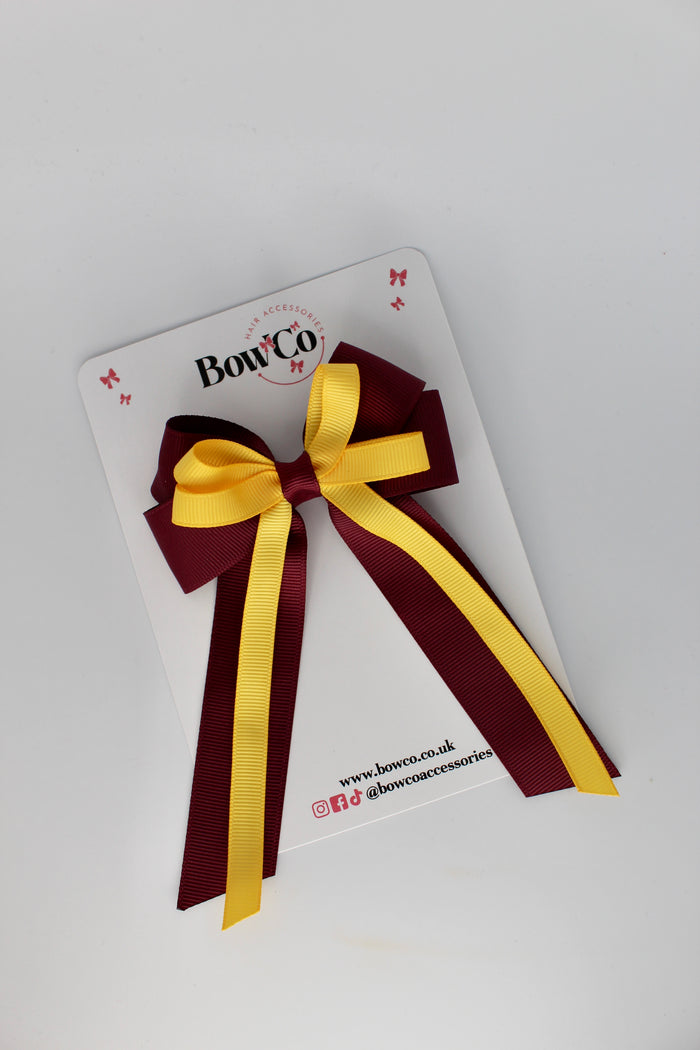 School Bow Burgundy and Yellow Gold - Loop Bow Tail Clip