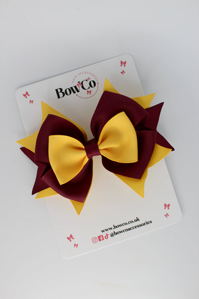 School Bow Burgundy and Yellow Gold Layer Bow - Clip