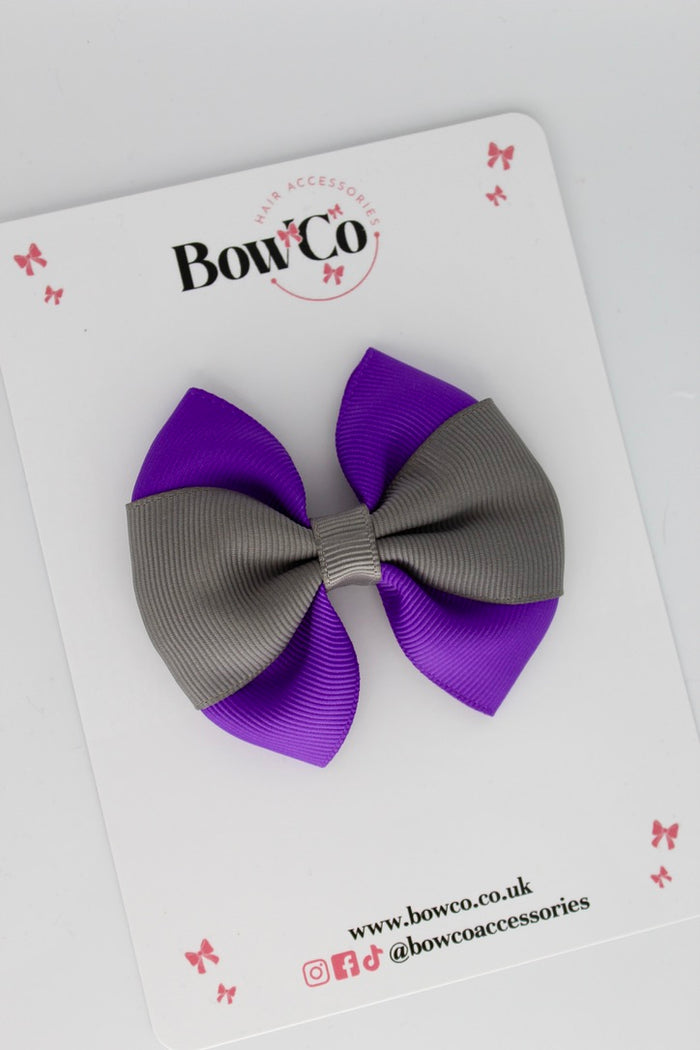 School Bow Purple and Metal Grey - Round Tuxedo Bow - Clip