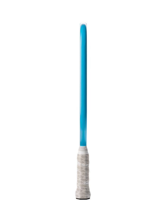 Blue foam exercise stick with white textured grip, shown vertically on black background.