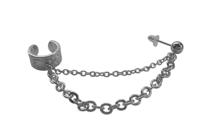 silver ear cuff with chain non piercing earring front view