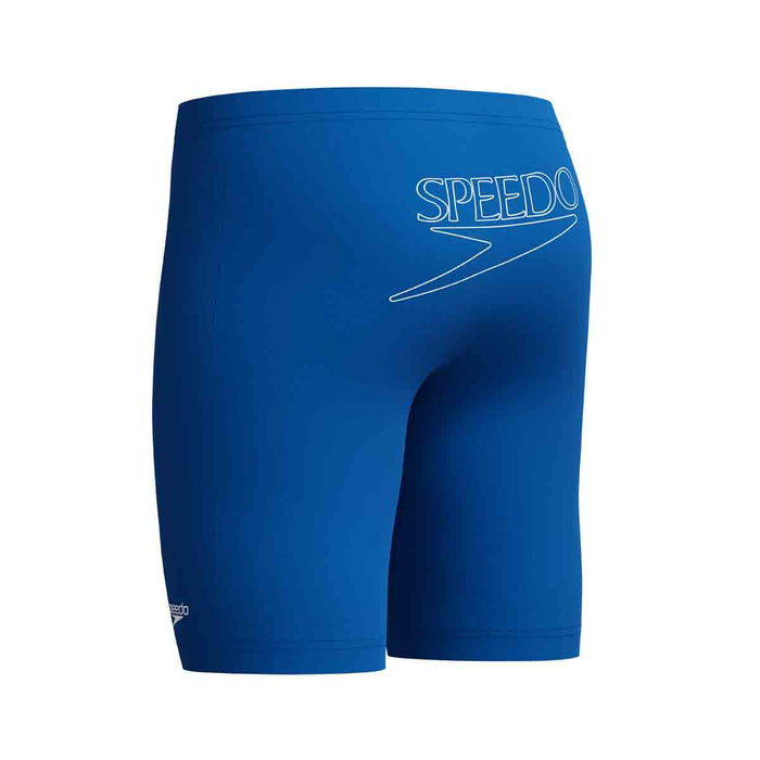 Speedo Boys Endurance+ Logo Jammer in Turkish Sea, navy blue swim jammers with Speedo logo for boys' swimwear.