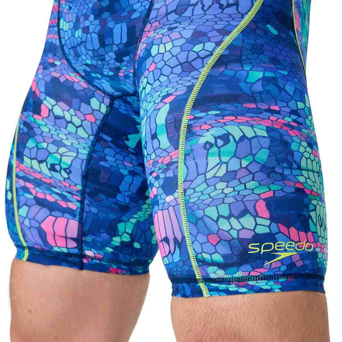 Speedo Boys Fastskin HyperSpark printed jammers for ages 18-8 years, featuring vibrant multicolor swimwear design.