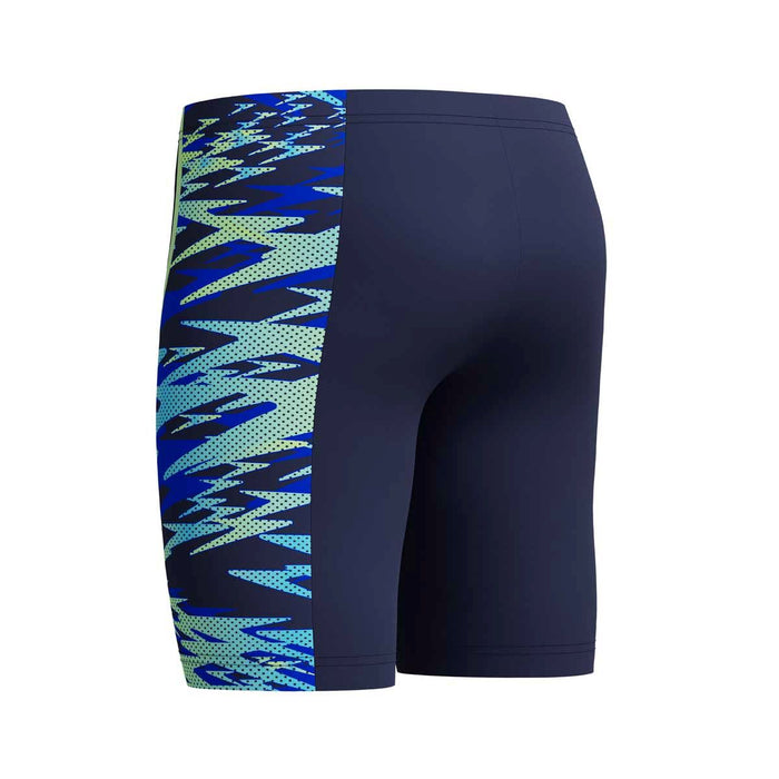 Speedo boys' HyperBoom Splice jammer swimsuit in navy and green, designed for swimming and active water sports.