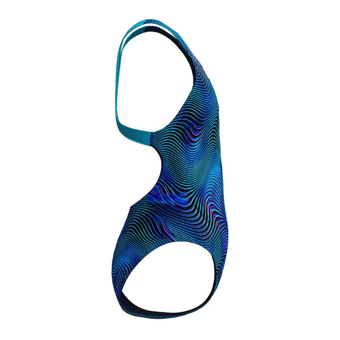 Speedo girls' digital allover leaderback swimsuit in deep sapphire and Mayan blue, featuring vibrant pattern and secure fit.