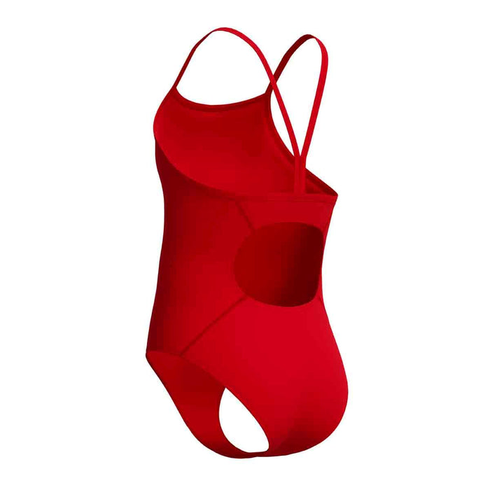 Speedo girls' Endurance+ logo thinstrap swimsuit in high risk red, featuring a sleek design for young swimmers.