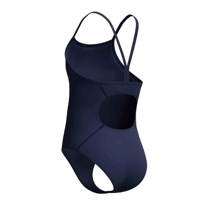 Speedo girls' Endurance+ logo thinstrap swimsuit in peacoat, featuring a sleek design and brand logo on the front.