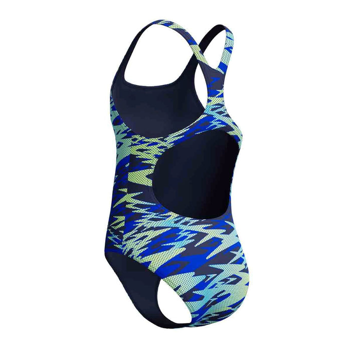 Speedo girls' HyperBoom print Medalist swimsuit in peacoat, featuring vibrant design and comfortable fit for young swimmers.
