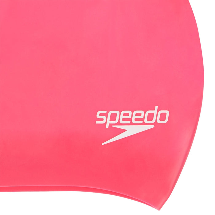 Pink Speedo long hair swimming cap designed for women, made of durable, stretchy material to protect long hair during swimming.