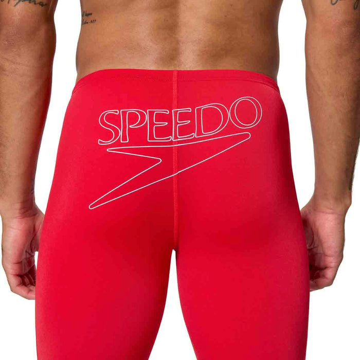 Speedo men's Endurance+ Logo Jammer in High Risk Red, close-up view of the red swim jammer with logo branding.