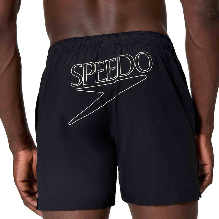 Black Speedo men's Essentials 16-inch swim shorts with elastic waistband and side pockets, designed for comfortable swimming.
