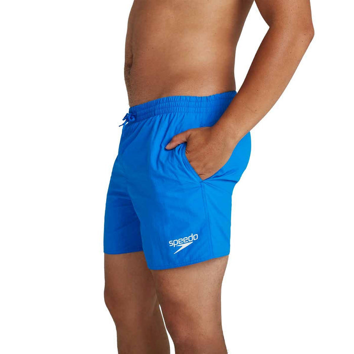 Blue Speedo men's Essentials 16-inch swim shorts with an elastic waistband and quick-dry fabric for comfortable swimming.