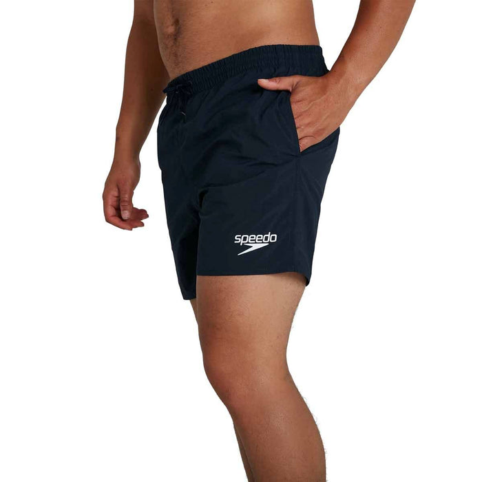 Speedo men's navy 16-inch swim shorts with elastic waistband and quick-dry fabric, designed for comfortable swimming and beachwear.