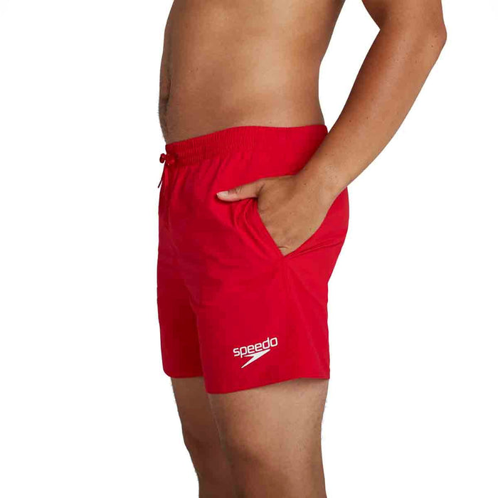 Red Speedo men's Essentials 16-inch swim shorts, lightweight and quick-drying, suitable for swimming and beach activities.