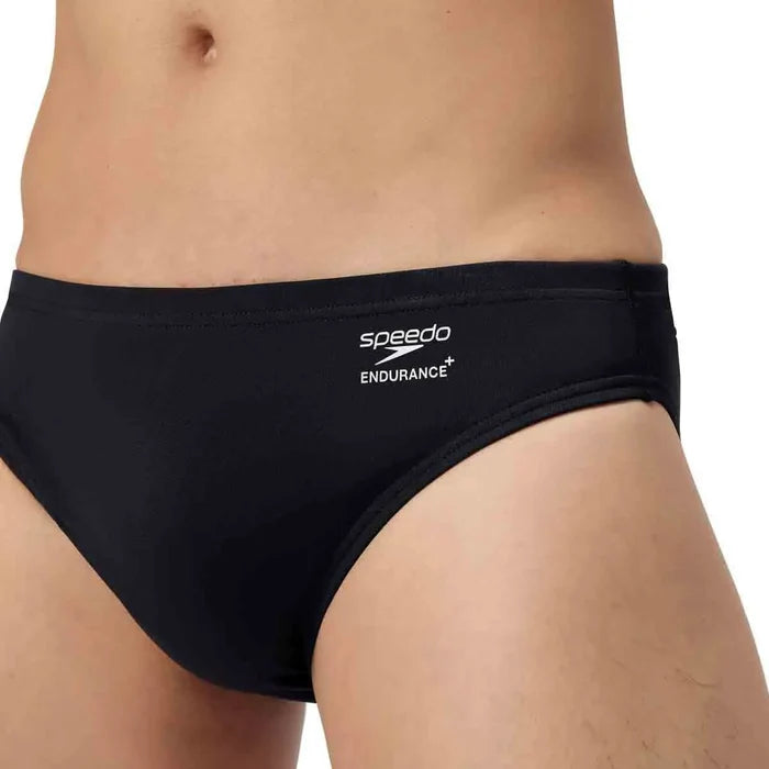 Black Speedo men's ML solid briefs with a snug fit, designed for comfortable swimwear and active water sports.