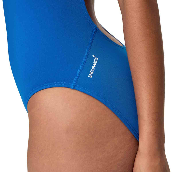Speedo Women's Endurance+ logo thin strap swimsuit in Turkish Sea color, featuring a sleek design and comfortable fit.