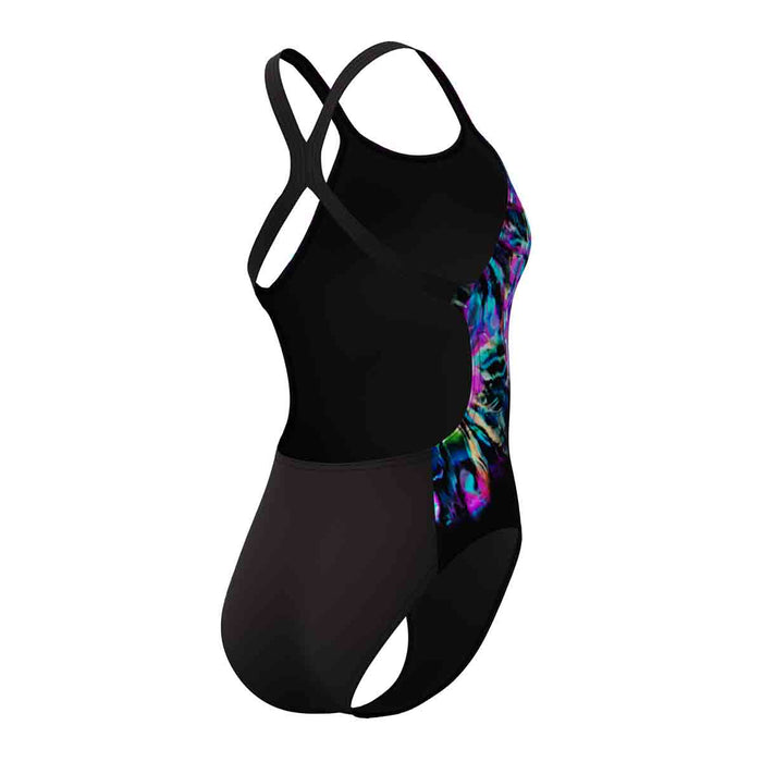 Speedo women's printed powerback swimsuit in Glitchy Garden and black featuring a vibrant floral design and supportive fit.
