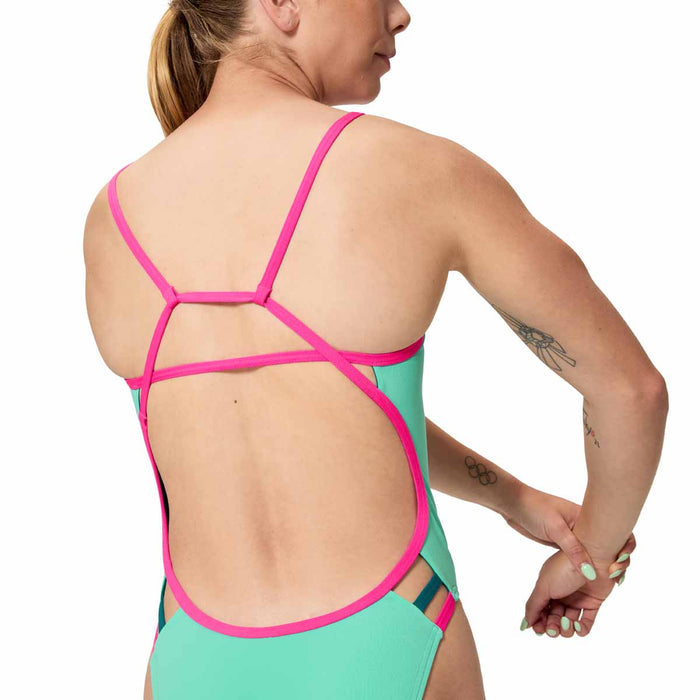 Speedo women's FL Solid Tri Back swimsuit in Aqua Breeze, featuring a sleek design and comfortable fit for swimming.