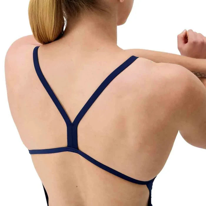 Speedo Women's FL Solid V-Back 2.0 Swimsuit in Team Navy, featuring a sleek design and supportive fit for competitive or leisure swimming.