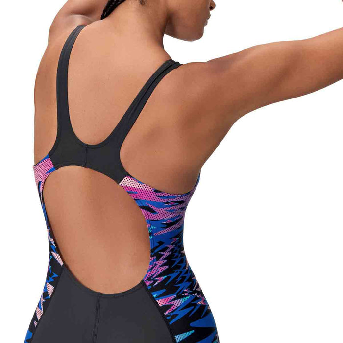 Speedo women's HyperBoom Splice Muscleback legsuit in anthracite and margarita pink with sleek design and supportive fit.