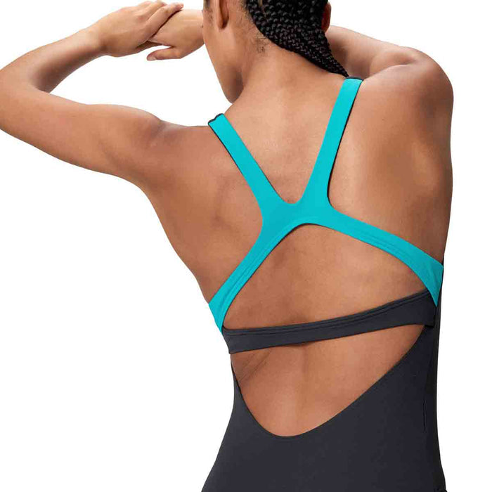 Speedo women's solid flex band swimsuit in anthracite and Mayan blue, featuring a sleek, fitted design perfect for swimming.