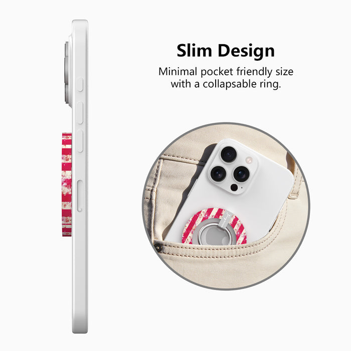 Sugar & Static distressed pink and cream candy stripe MagSafe phone grip ring with silver rotating ring and kickstand, matching Wavy Luxe iPhone case by Fancy Bands