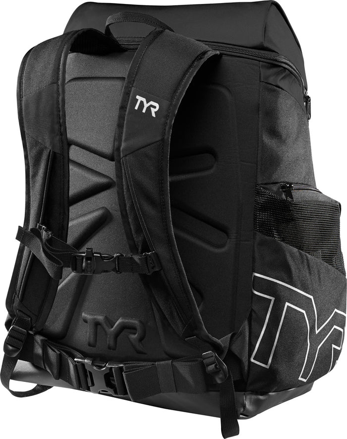 Black TYR Alliance 45L backpack with multiple compartments and adjustable straps, ideal for sports and travel.