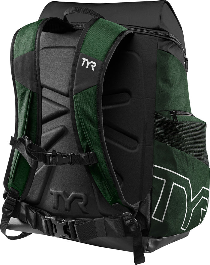 Green TYR Alliance 45L backpack with multiple compartments and adjustable straps, ideal for sports and outdoor activities.