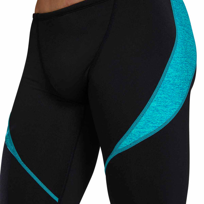 TYR men's teal lapped curve splice jammer swimwear, close-up view of the fitted swim jammers with curved splice design.
