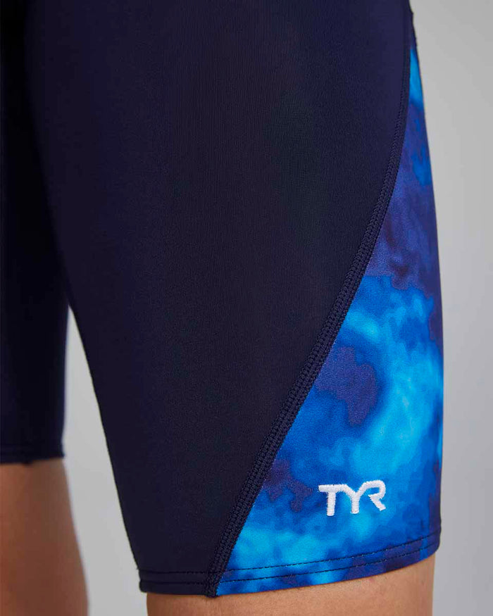 Blue TYR men's Waveform Blade Splice jammer swimming suit with sleek design and comfortable fit.