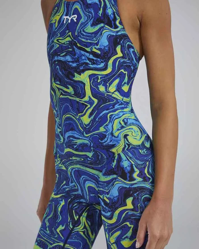 TYR Women's Thresher Hyperblitz openback kneeskin swimsuit in blue and green, designed for competitive swimming.