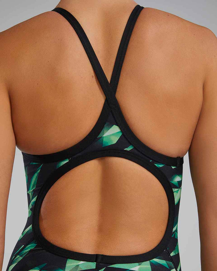 Green TYR Womens Triadic Diamondfit swimsuit, close-up of the stylish, fitted one-piece designed for swimming and performance.