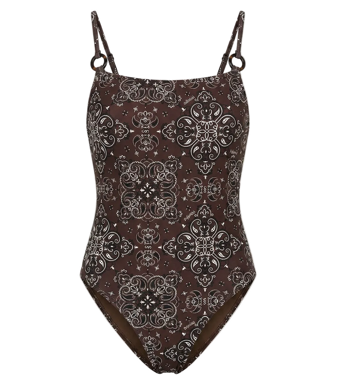 Brown bandana patterned swimsuit on a white background