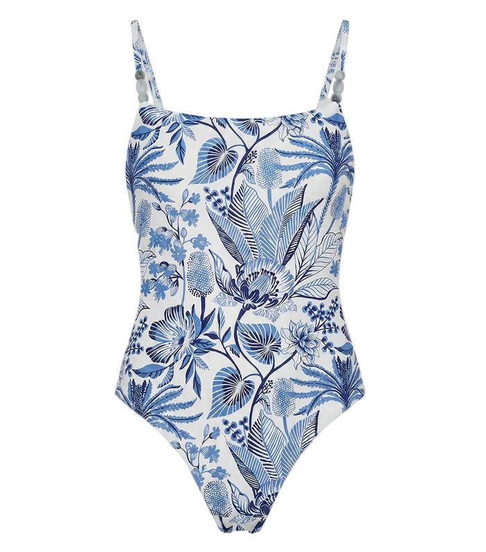 tropical Blue floral swimsuit on a white background