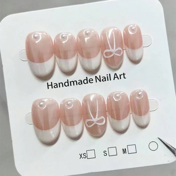 10pcs Aurora Nude Pink Pearl French dress nail Elegant ballet style sweet girl bow nail short
