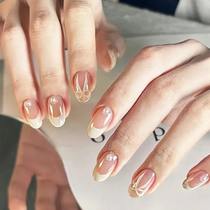 10pcs Aurora Nude Pink Pearl French dress nail Elegant ballet style sweet girl bow nail short