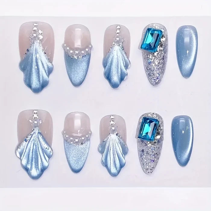 10pcs high-end French blue cat's eye shell pearls handmade fake nails, Blue nail decoration patches for women