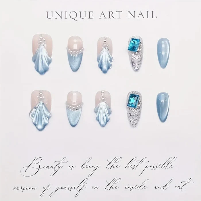 10pcs high-end French blue cat's eye shell pearls handmade fake nails, Blue nail decoration patches for women