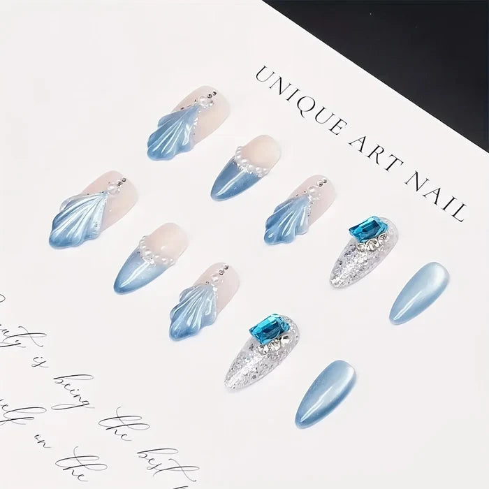 10pcs high-end French blue cat's eye shell pearls handmade fake nails, Blue nail decoration patches for women