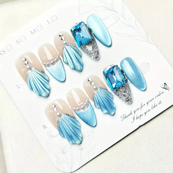 10pcs high-end French blue cat's eye shell pearls handmade fake nails, Blue nail decoration patches for women