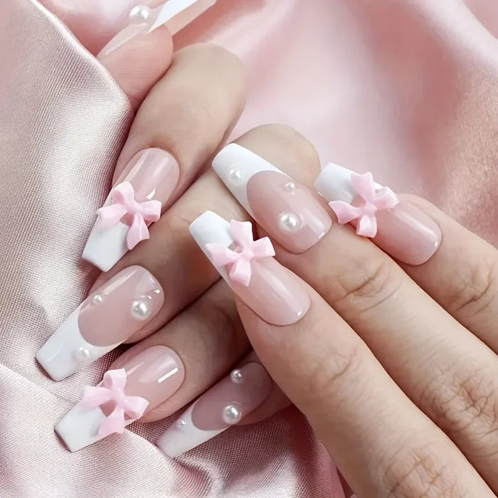 10pcs high-end French long white pearl bow handmade fake nails, Girly ballet sweet pink streak nail piece