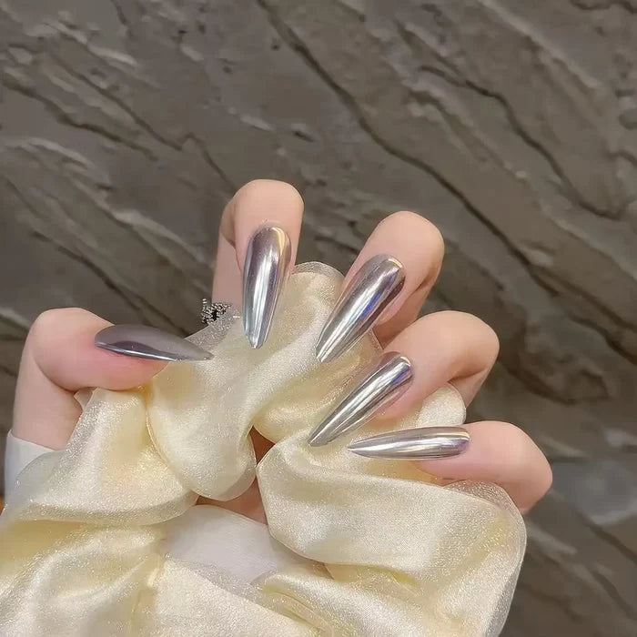 10pcs high-end Mirror-like dark silver handmade fake nails, Long nail decoration patches for ladies