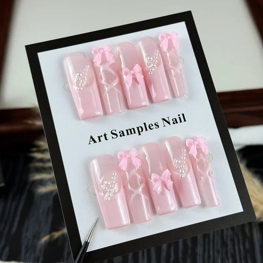10pcs high-end Pink girl style, hand-painted three-dimensional bow, shiny small pearls handmade fake nails